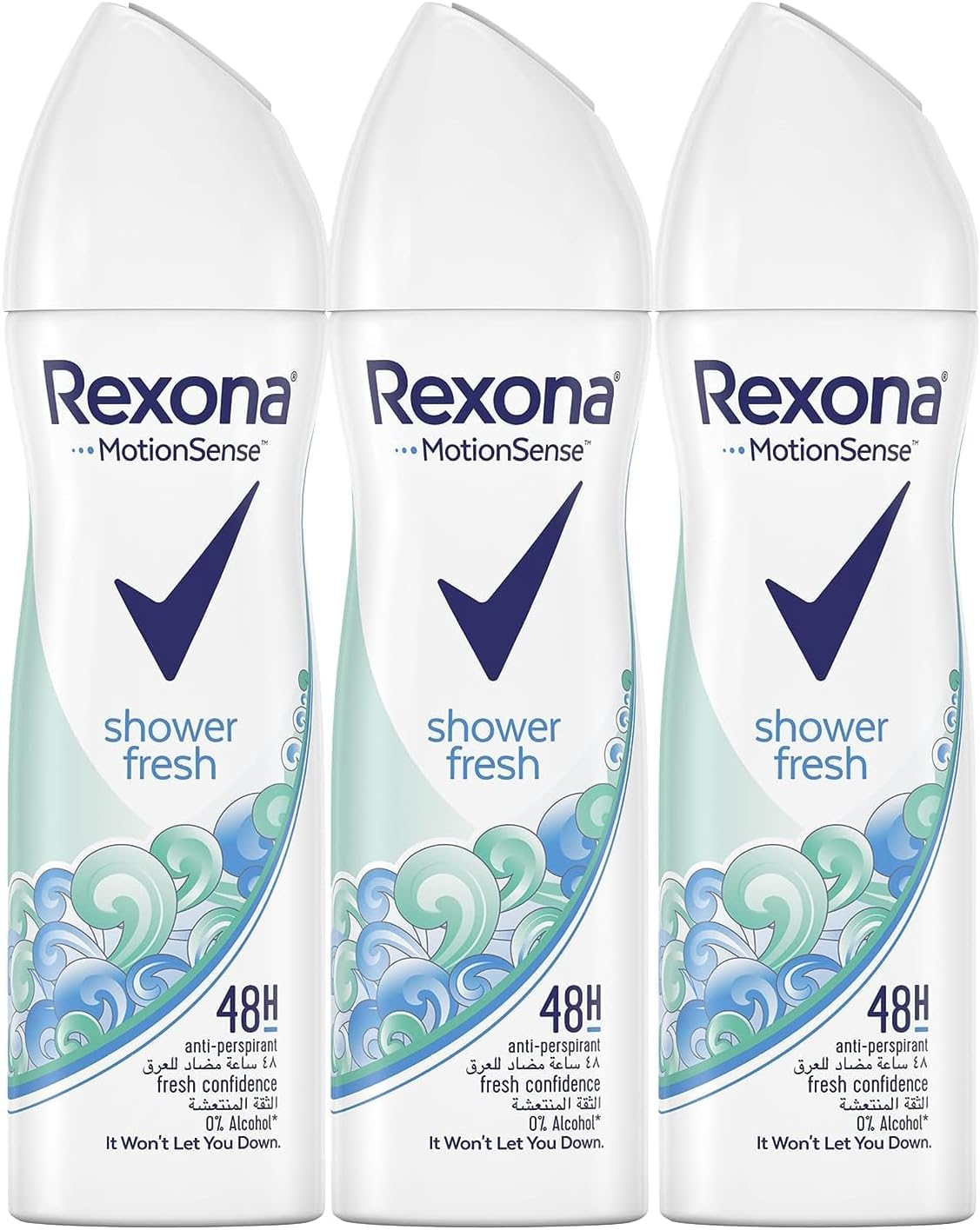 rexona women antiperspirant deodorant spray, 48 hour sweat & odor protection*, shower fresh, with motionsense technology, 3 x 150ml