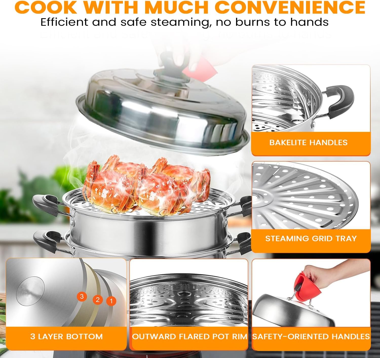 limitless 3 tier stainless steel steamer pot with handles & lid multi layer cooking pot steam, cooking, and steamer pot set for all cooking surfaces 900ml