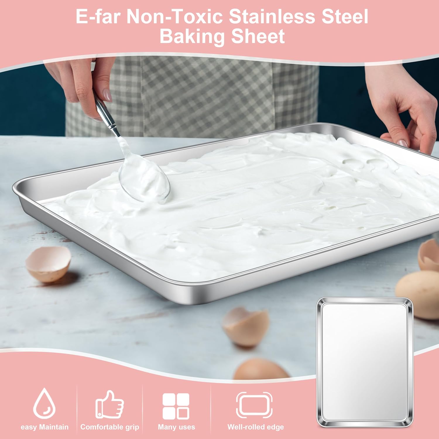 e far baking sheet set of 2, large 40.5 x 30.5 x 2.5 cm baking pan tray, stainless steel cookie sheet for oven roasting grilling cooking, non toxic & mirror finish, dishwasher safe