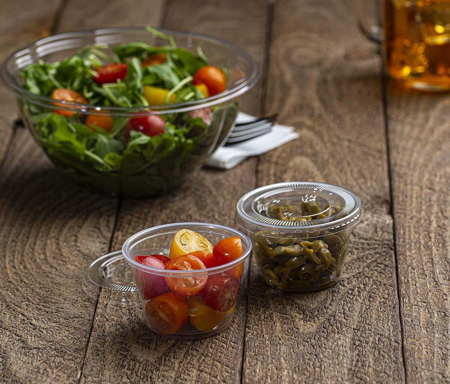 markq [100 pack] 4oz. clear plastic disposable portion cups with lids available in 1oz, 2oz sampling cups, portion control cups, slime container