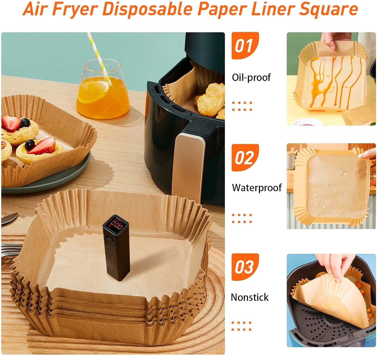 fuwnvuwn 120pcs air fryer disposable paper liner, air fryer liners square, baking paper for air fryer water proof,parchment paper for baking roasting microwave,7.9 inch/20cm,square