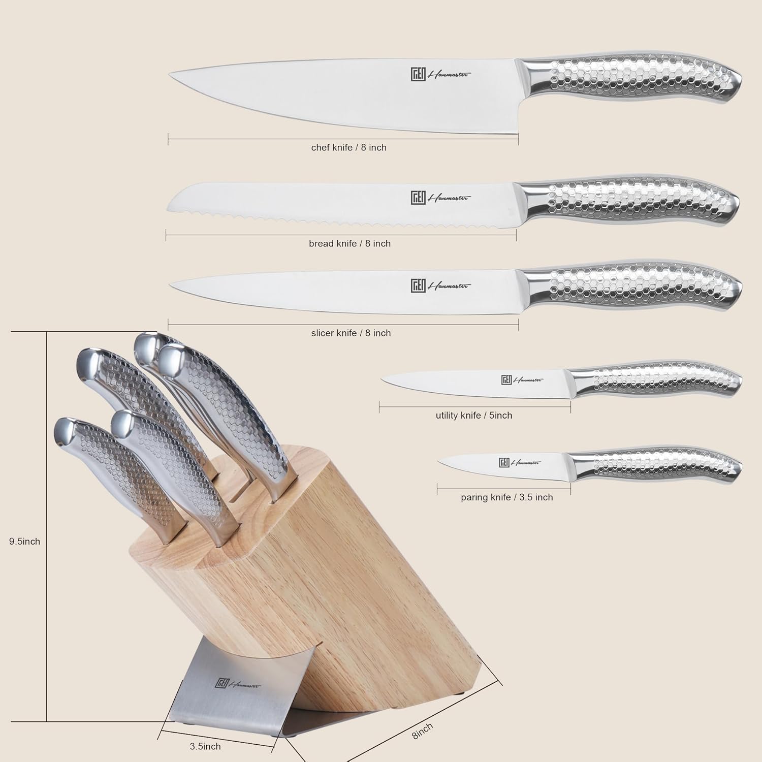 hanmaster kitchen knife set, one piece stainless steel knife sets for kitchen with block, 6 pieces solid natural wood knife block set, gift box packed, silver.