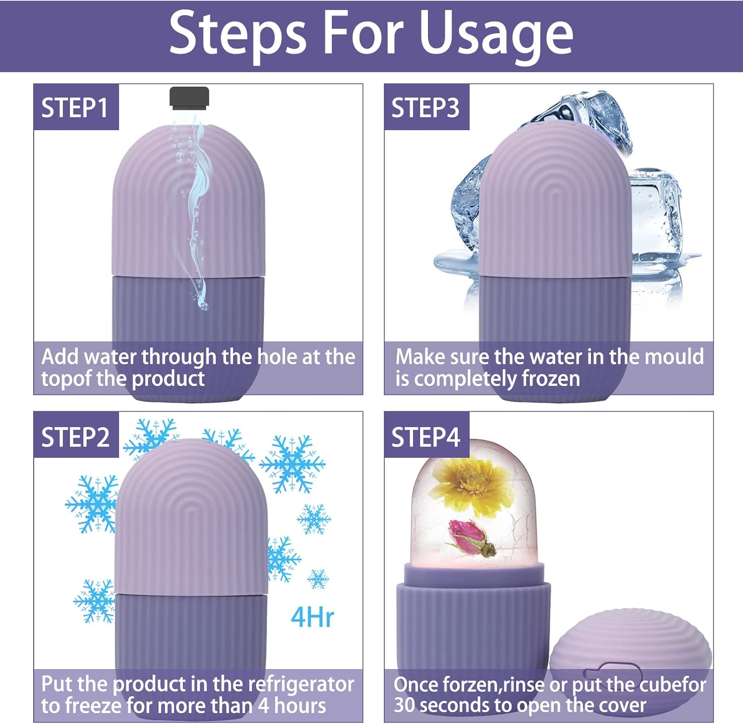 xhjri ice face roller massager,ice cube roller for face, eyes and neck naturally conditioning and skin care,de puff eye bags,reduce migraine pain,reusable massage silicone ice mold (purple)