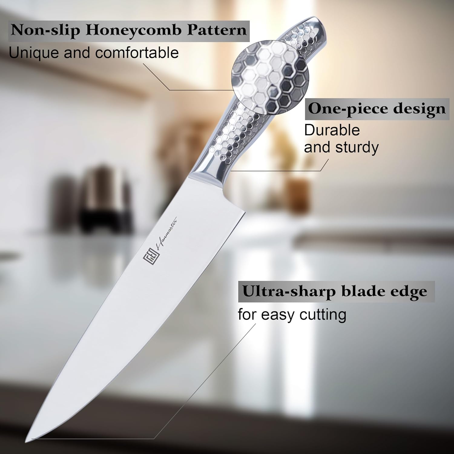 hanmaster kitchen knife set, one piece stainless steel knife sets for kitchen with block, 6 pieces solid natural wood knife block set, gift box packed, silver.