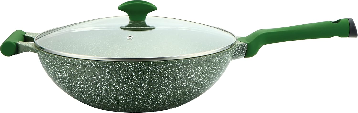 prestige essentials granite non stick wok pan with lid cast aluminium cookware induction base non stick marble pfoa & lead free green, 32cm pr81118
