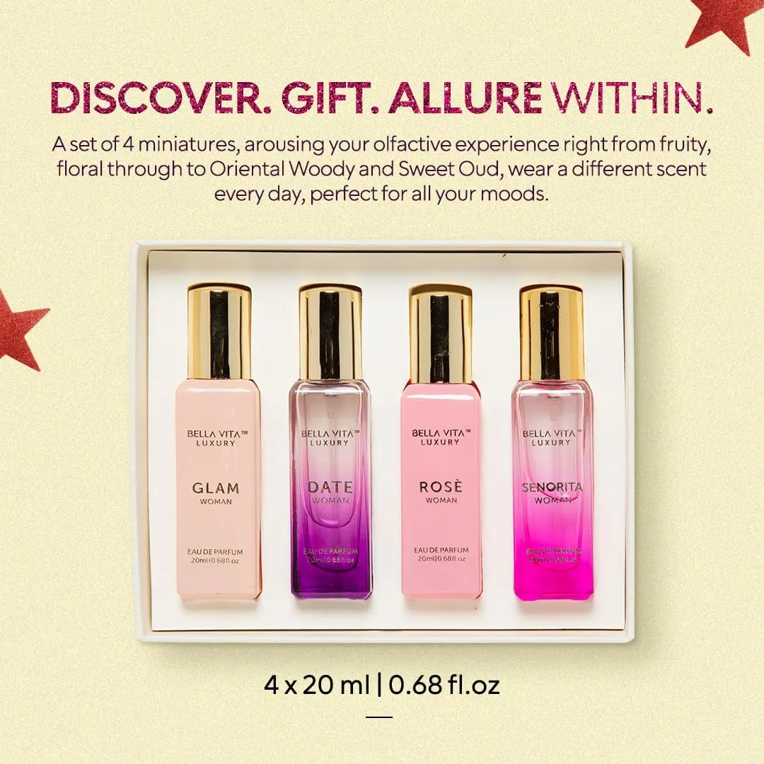BellaVita Luxury Perfume Gift Set for Women | Includes DATE, Senorita, GLAM, ROSE Perfumes | Floral, Fruity & Savoury Long Lasting Scents | Gift Set for Women | Special Womens Collection (4x20ml)