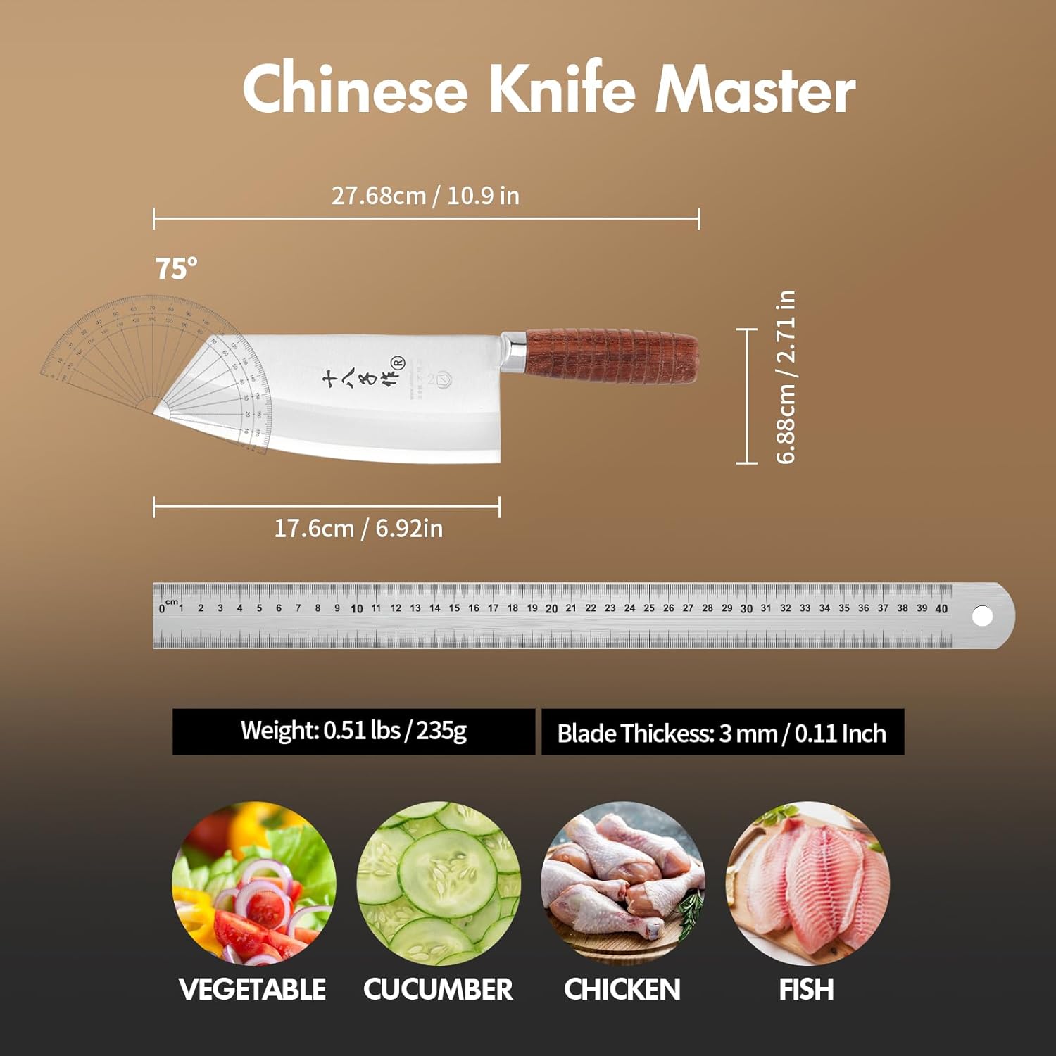 shi ba zi zuo chef knife chinese vegetable cleaver for kitchen superior class 7 inch stainless steel knife with ergonomic design comfortable wooden handle