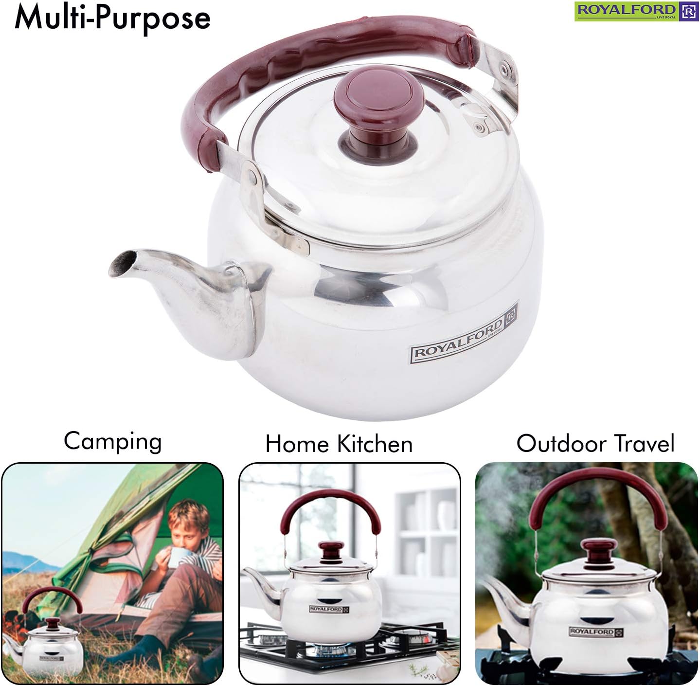 royalford 2 liter stove top tea kettle – large capacity stainless steel stove top tea pot tea coffee pot ideal for home office & hotel – compact & stylish design with heat resistant handle