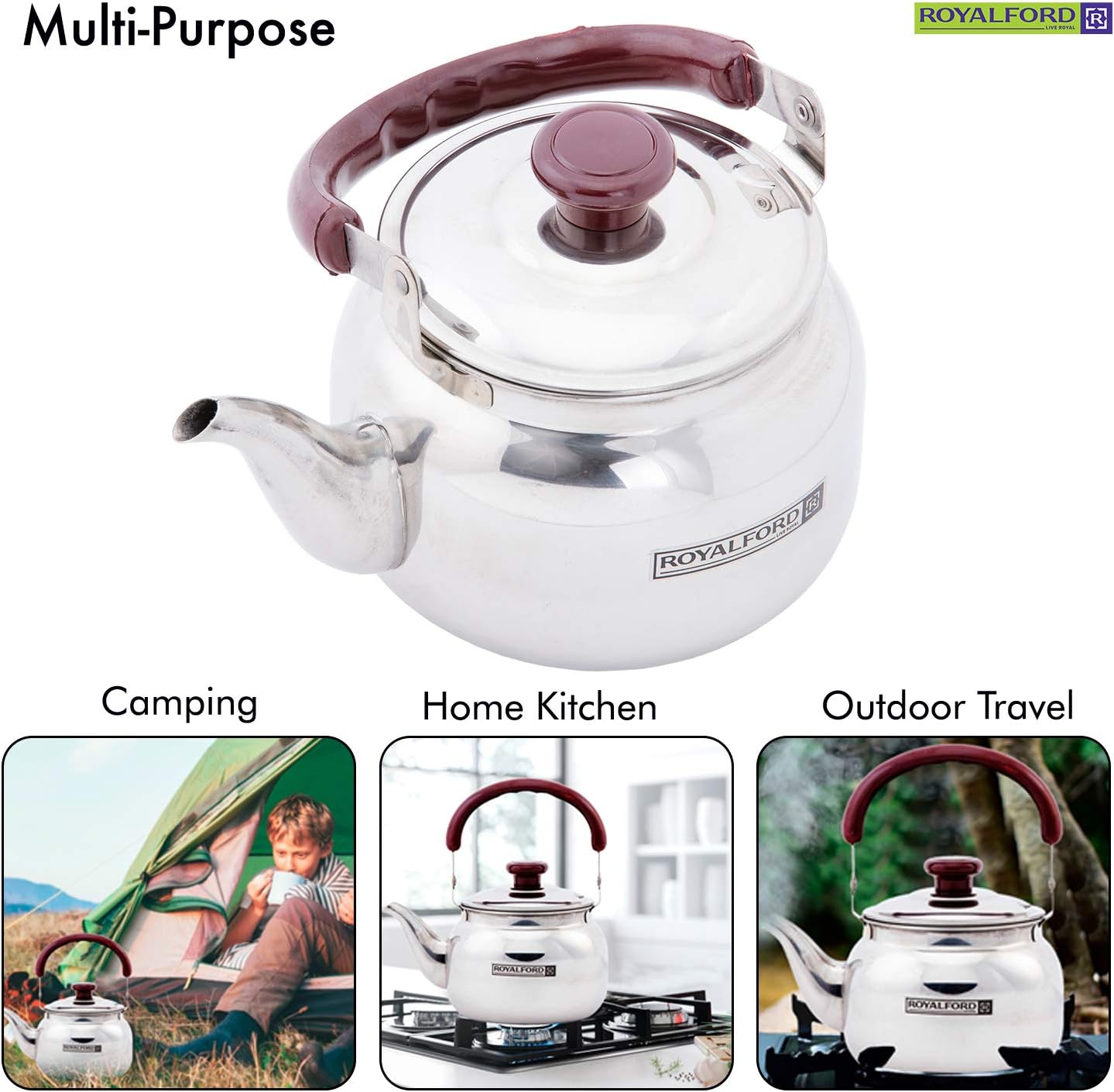 royalford stove top tea kettle – large capacity stainless steel stove top tea pot tea coffee pot ideal for home office & hotel – compact & stylish design with heat resistant handle, 1 liter