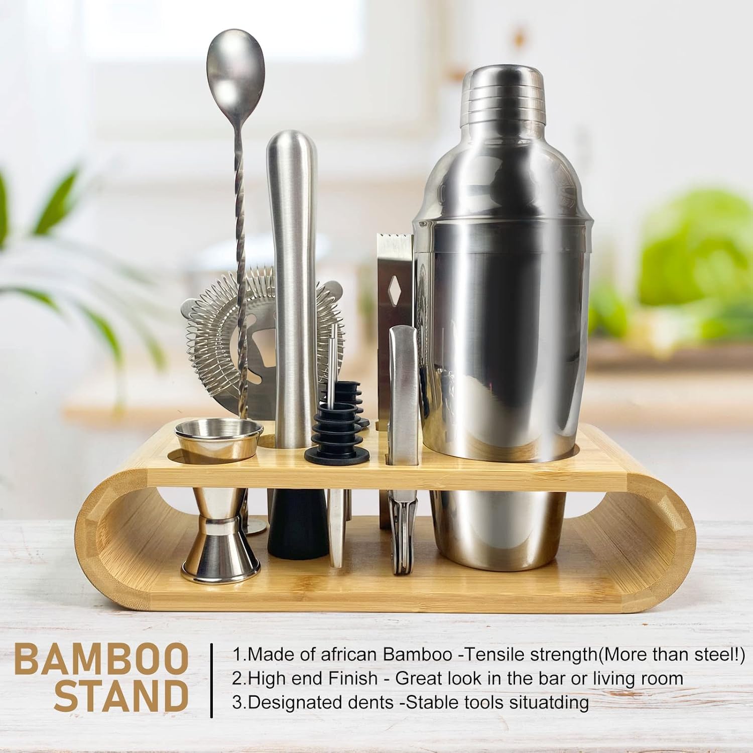 sky touch 11 piece bar tool set with stylish bamboo stand perfect home bartending kit and martini cocktail shaker set for an awesome drink mixing experience