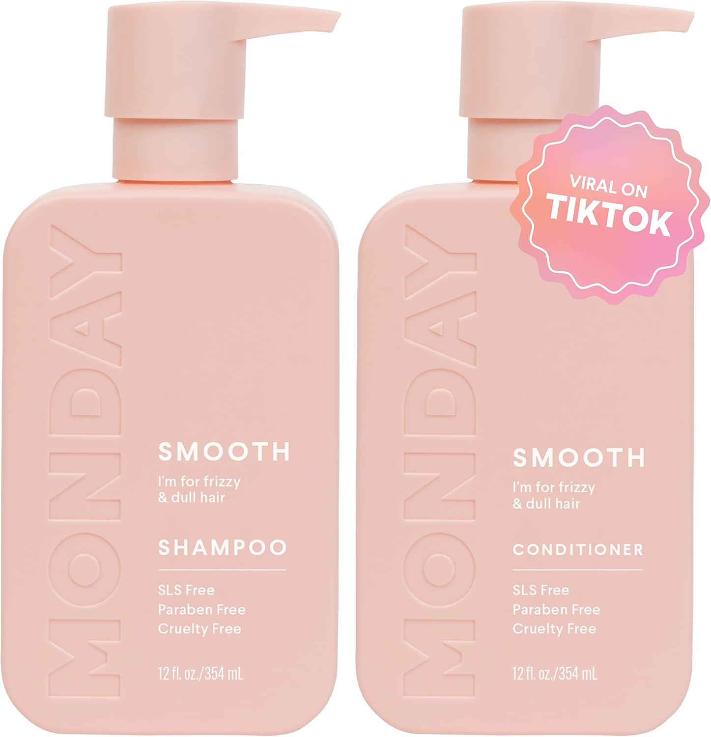 monday haircare smooth shampoo + conditioner bathroom set (2 pack) 12oz each for frizzy, coarse, and curly hair, made from coconut oil, shea butter, & vitamin e, 100% recyclable bottles