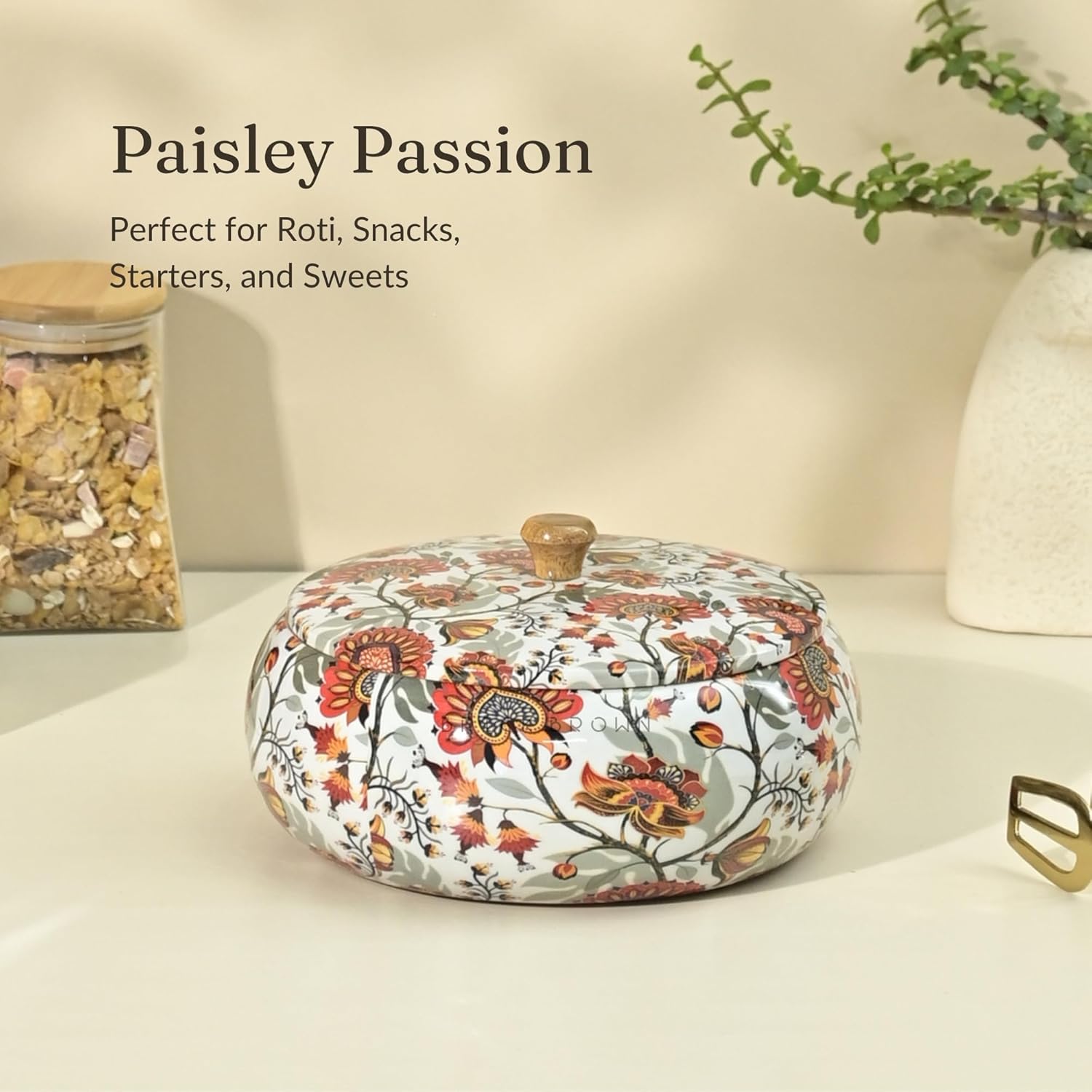 brick brown premium handcrafted solid wood marigold roti casserole for kitchen | round hot pot, roti dabba with lid | casserole for dining, 1640ml(8.8x8.8x4.3inch)