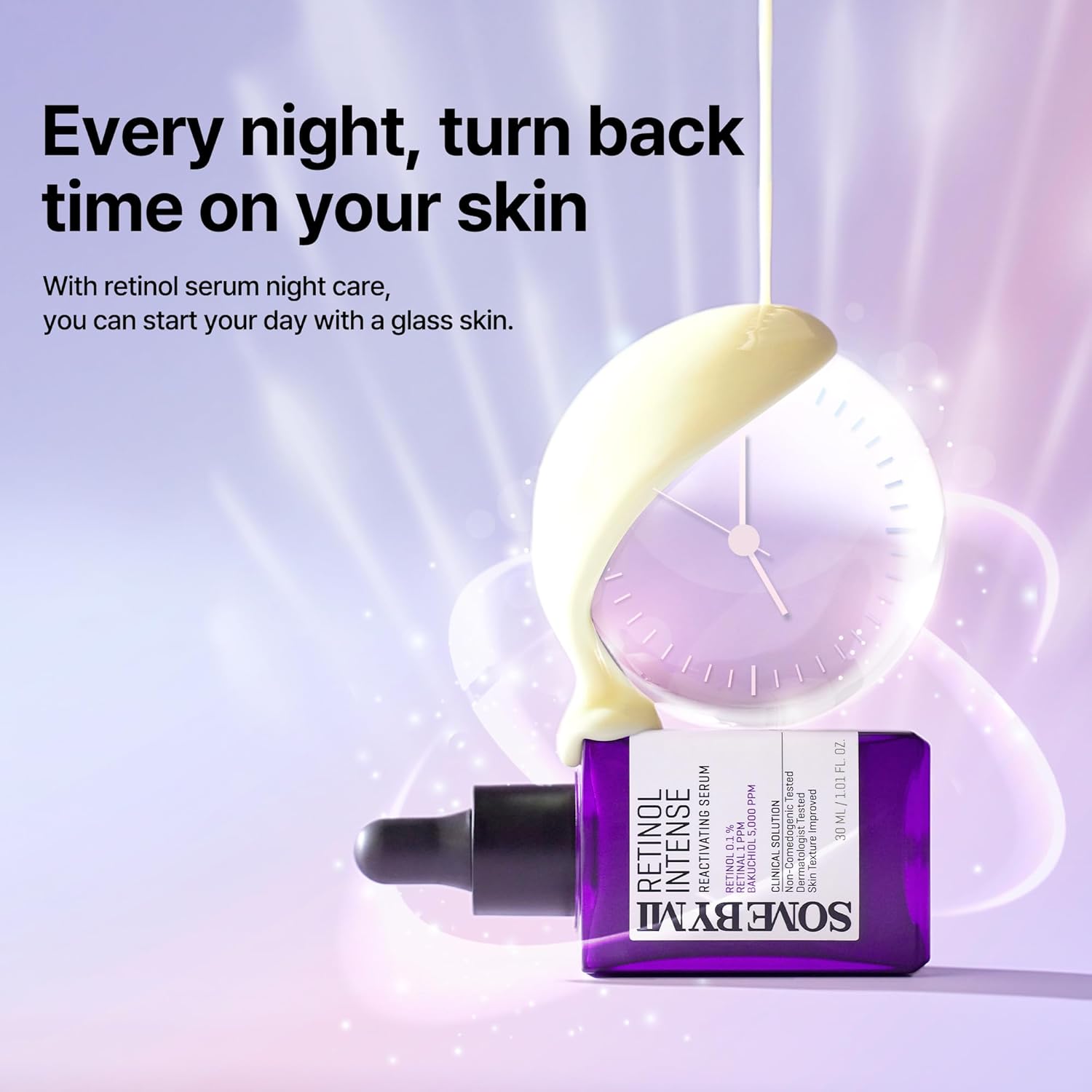 some by mi retinol intense reactivating face serum | mild 0.1% retinol serum for anti aging and glass skin | improvement of post acne marks, skin texture & elasticity | 1.01oz, 30ml