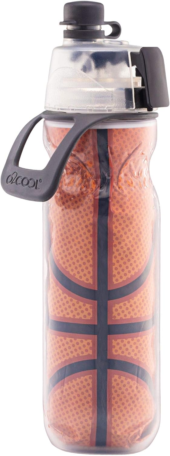 o2cool mist n' sip insulated water bottle 20 oz, basketball color | 2 in 1 function, double wall insulation, bpa free | perfect for sports, cycling & outdoor activities