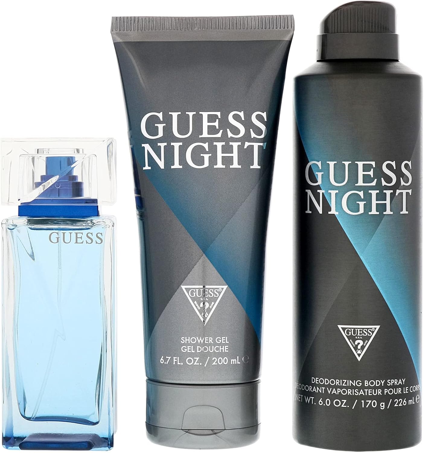 guess night men's eau de toilette perfume, 100 ml + 200 ml shower gel + 226 ml body spray set