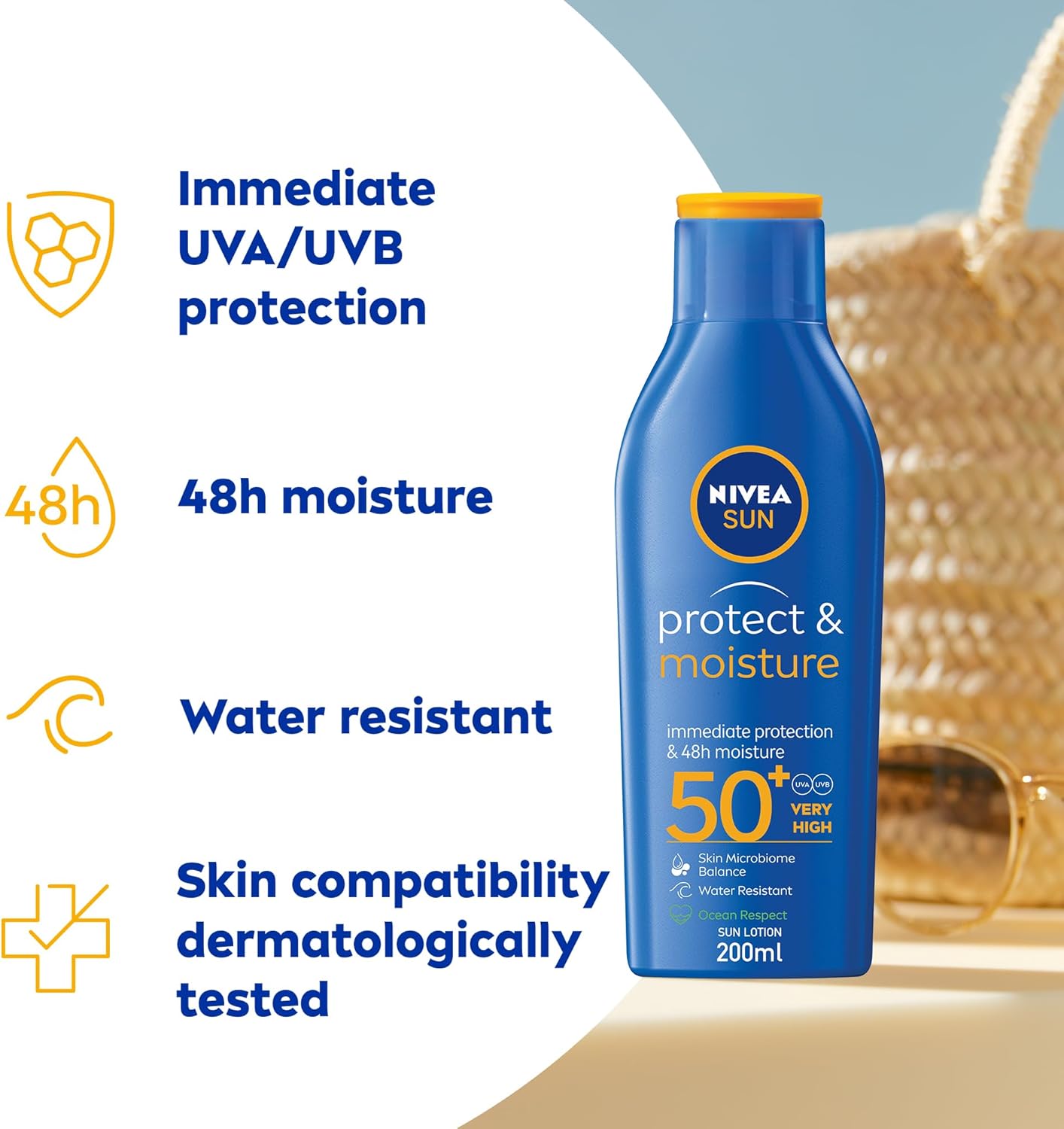 nivea sun lotion, protect & moisture, spf 50+, very high and immediate uva & uvb protection, 48h moisture, water resistant, skin microbiome balance, 200ml