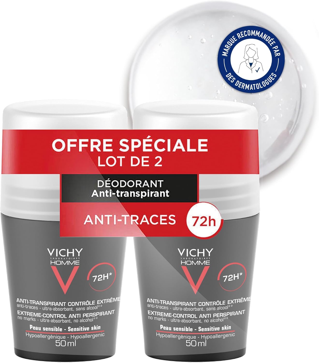 vichy homme antitranspiranter deoroll on 72h,pack of 2 (2 x 50ml)