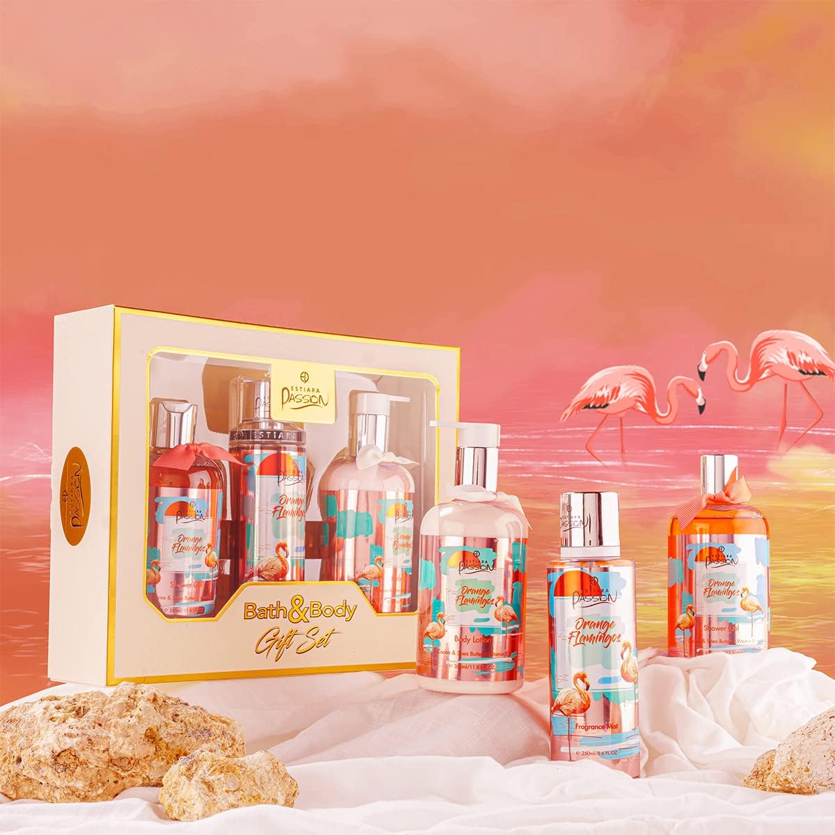 estiara passion orange flamingo bath & body 3 piece gift set for unisex orange flamingo body lotion 350ml orange flamingo shower gel 350ml orange flamingo french fragrance mist 250ml giftset