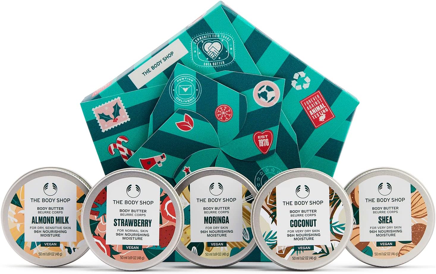 the body shop slather & nourish body butter gift set – softens & nourishes skin – almond milk, strawberry, moringa, coconut, shea – vegan – 5 * 50ml body butters