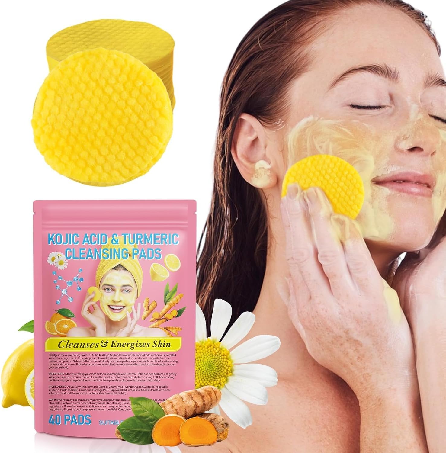 brigtens & energizes skin turmeric cleansing pads, kojic acid & turmeric cleansing pads, turmeric pads infused cotton exfoliating pads, turmeric kojic pads for face, helps balance skin oil (40)
