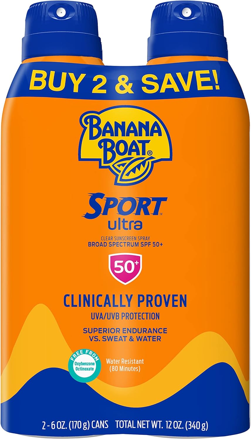 banana boat sport performance ultramist broad spectrum sunscreen spray, spf 50 6 ounce twin pack