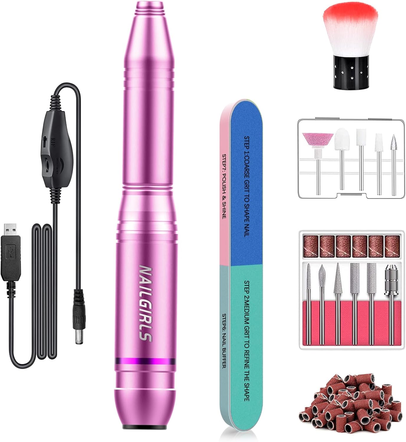 nailgirls electric nail file, portable nail drill usb 25000rpm professional nail drill machine for acrylic gel nails efile e file manicure pedicure polishing shape tools for home salon use (pink)