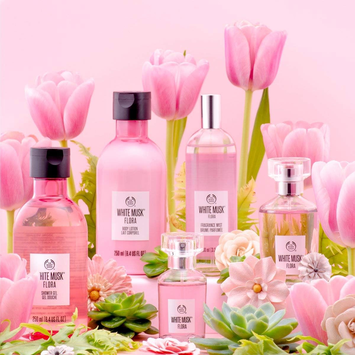 the body shop white musk® flora mist essentials selection full sized shower gel and fragrance mist both blend uplifting notes of mandarin and bergamot with peony and lily of the valley.