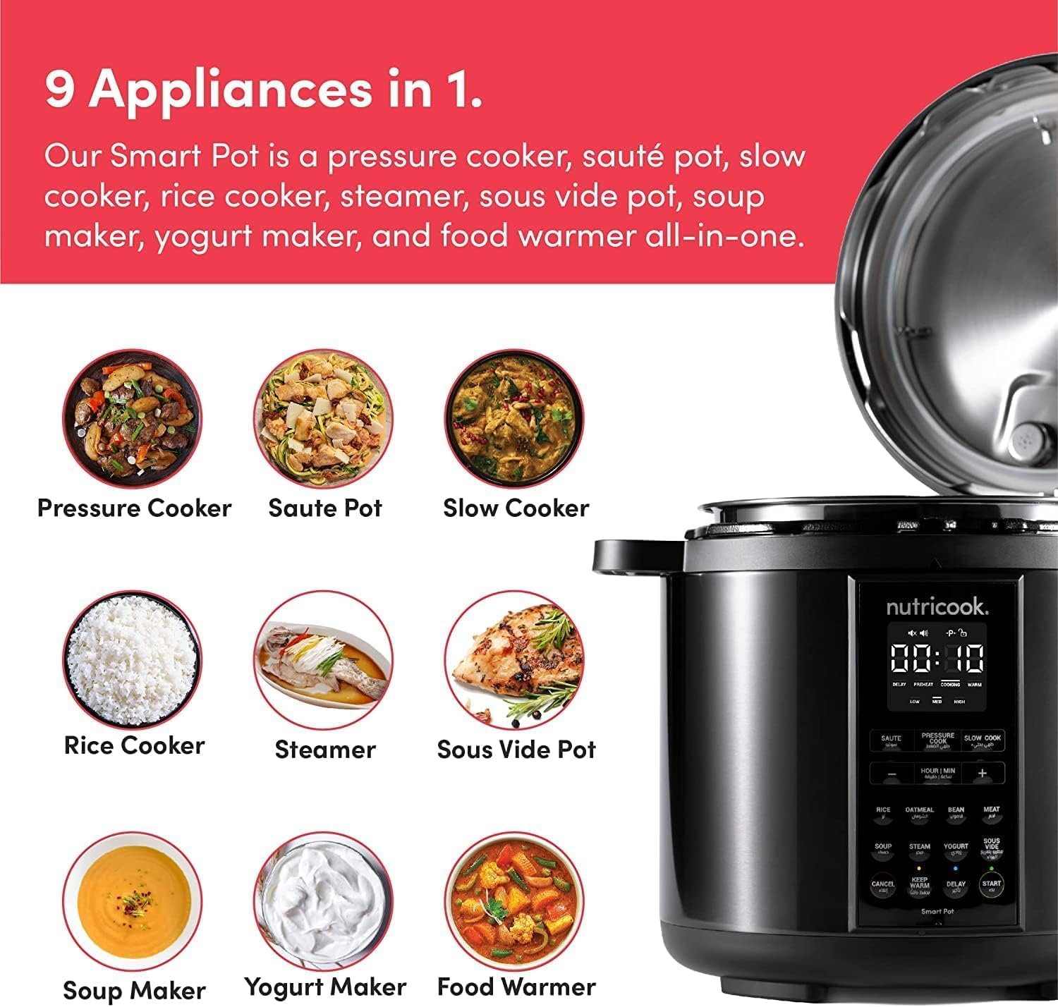 nutricook smart pot 2,6 liters,9 in 1 electric pressure cooker, slow cooker,rice cooker, steamer, sauté pot, yogurt maker & more, 12 smart programs with new smart lid"min 1 year manufacturer warranty"