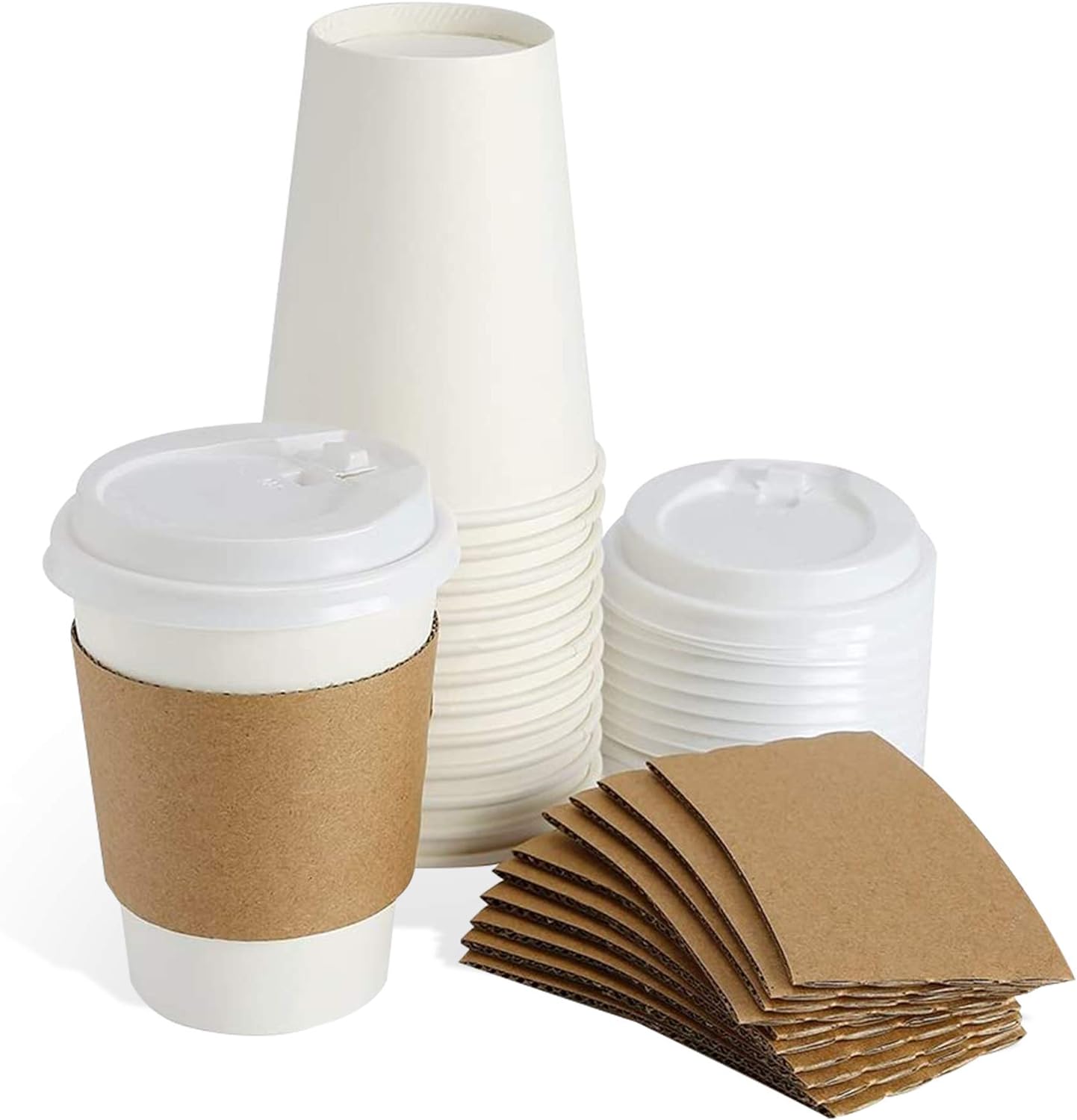 markq [50 sets] 12 oz white disposable coffee cups with lids and sleeves | paper cups for hot & cold drinks | small disposable cups for home, parties and work