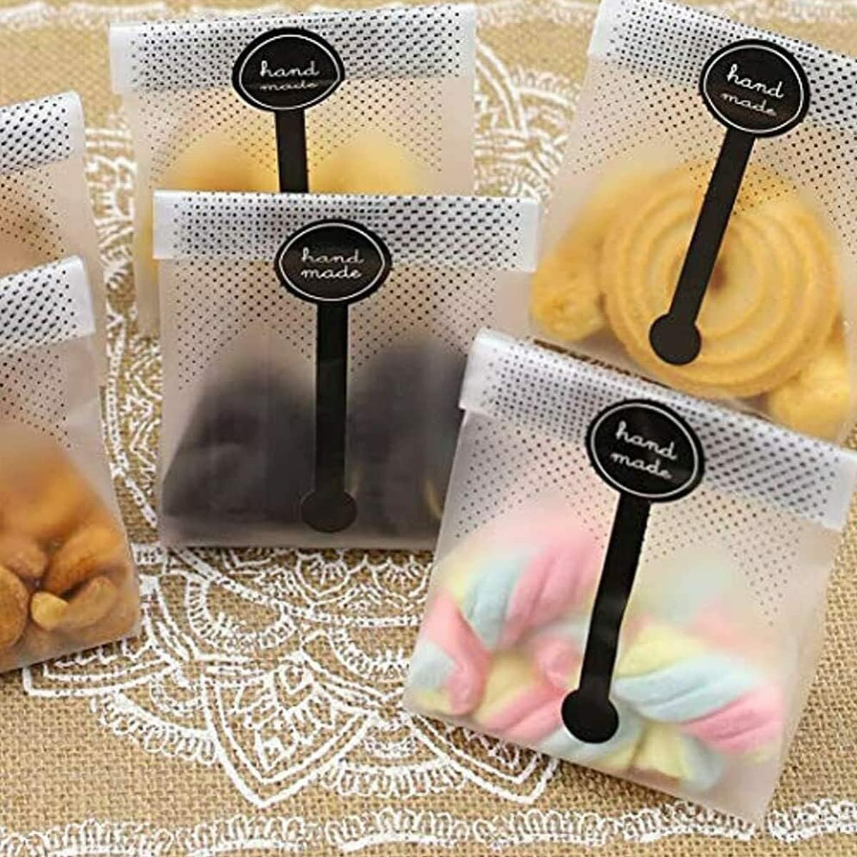 ecvv 100pcs bread packaging bags translucent plastic bags cellophane pastry treat bags valentine gift bags for candies cookies chocolate with stickers