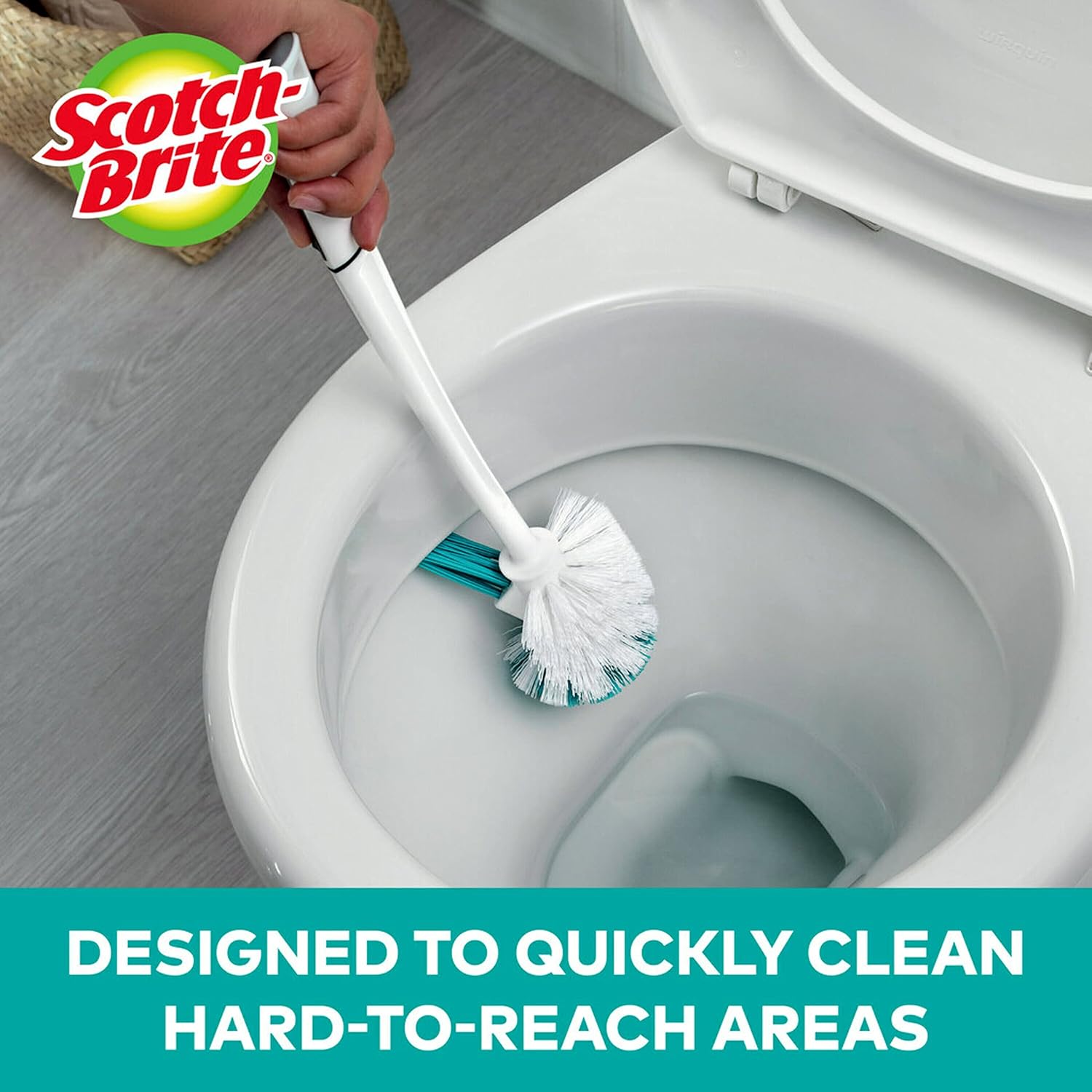scotch brite holder set (with holder) toilet bowl & rim brush, 1 set/pack | cleaning brush with long handle | discreet washroom cleaner| compact round design | clears clogged toilets and drains