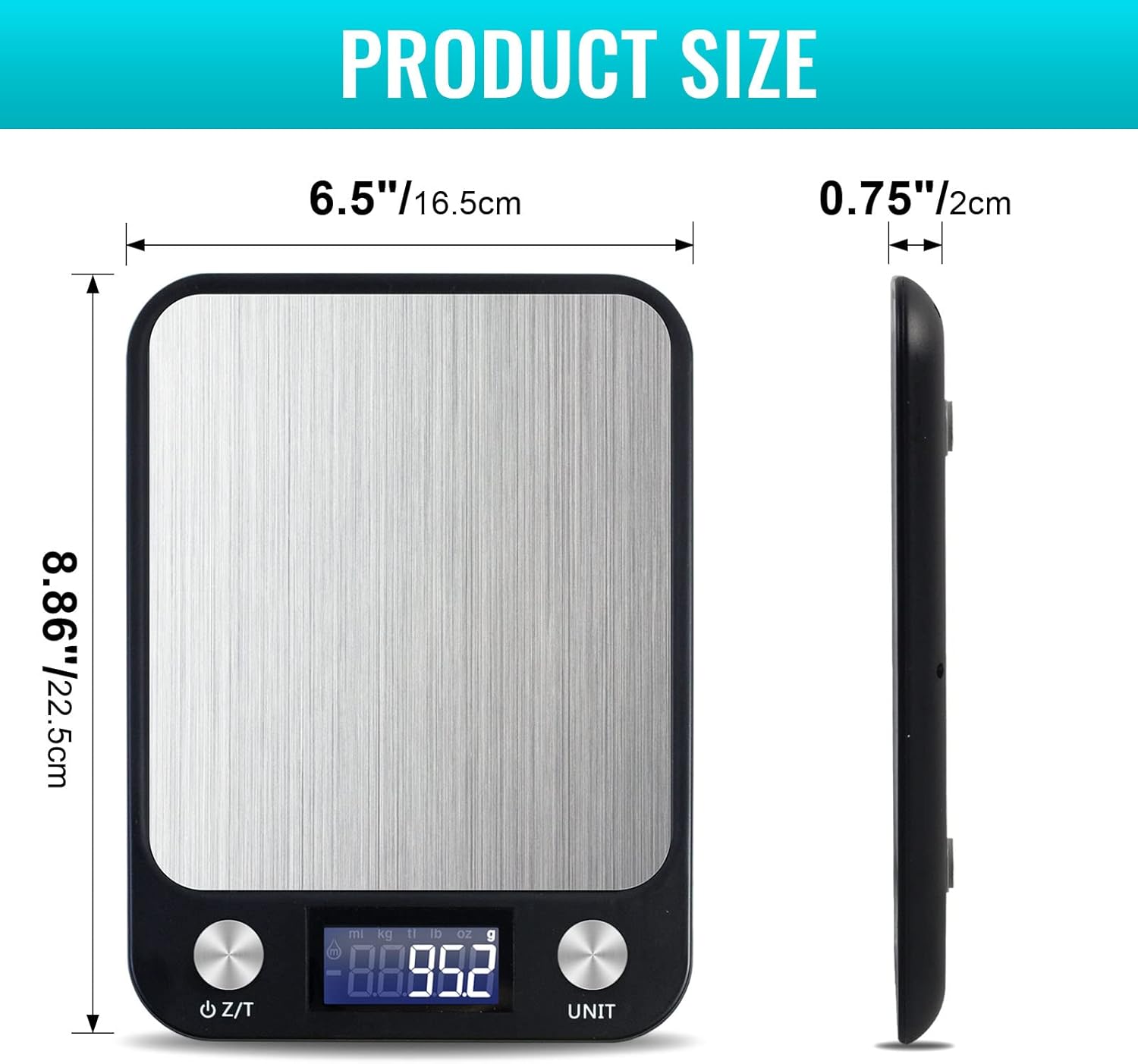 sky touch digital kitchen scale multifunction food scale, touch button, ultra slim with large lcd display, 11lb/5kg, 22lb/5kg, stainless steel (batteries included) (10000g/1g)