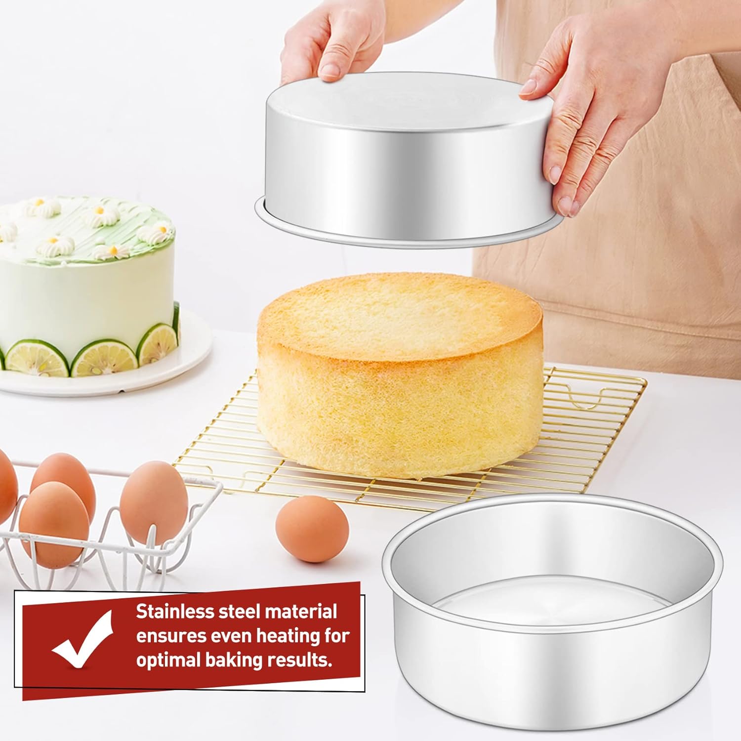 onader cake tin, 6 inch round cake tins, 3pcs stainless steel cake pan tray for baking, bakeware set for birthday christmas wedding layer cakes, heavy duty & healthy, mirror finished & dishwasher safe