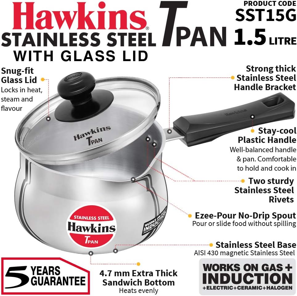 hawkins stainless steel tpan 1.5l with glass lid