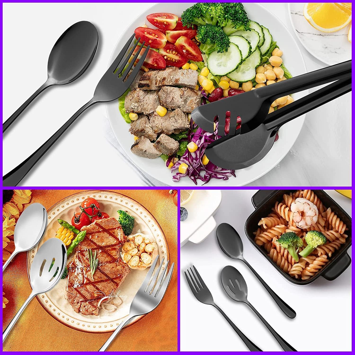 u hoome stainless steel serving utensils,10pcs large serving spoon set,slotted serving spoons,serving spoons,serving forks,serving tongs,buffet catering serving spoons fork tongs (black, 10)