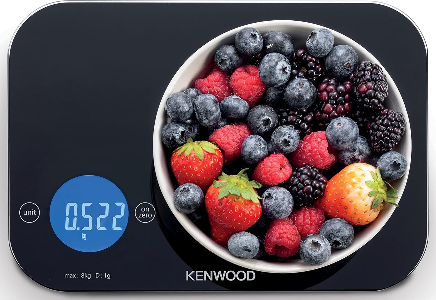 kenwood digital kitchen scale 5gm 8kg capacity weight scale 4mm tempered glass, touch control, 3 aaa batteries, tare/zero function, auto shut off wep50.000bk black