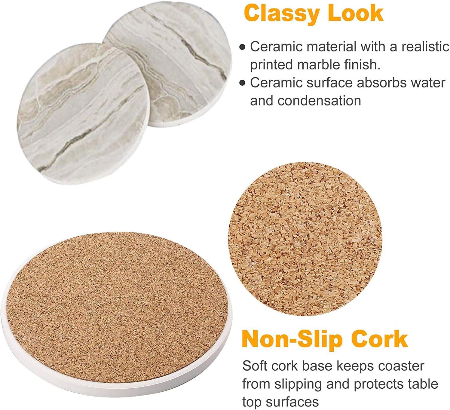 qplus drink coasters with holder, absorbent coaster sets of 6, marble style ceramic drink coaster for tabletop protection,suitable for kinds of cups, wooden table