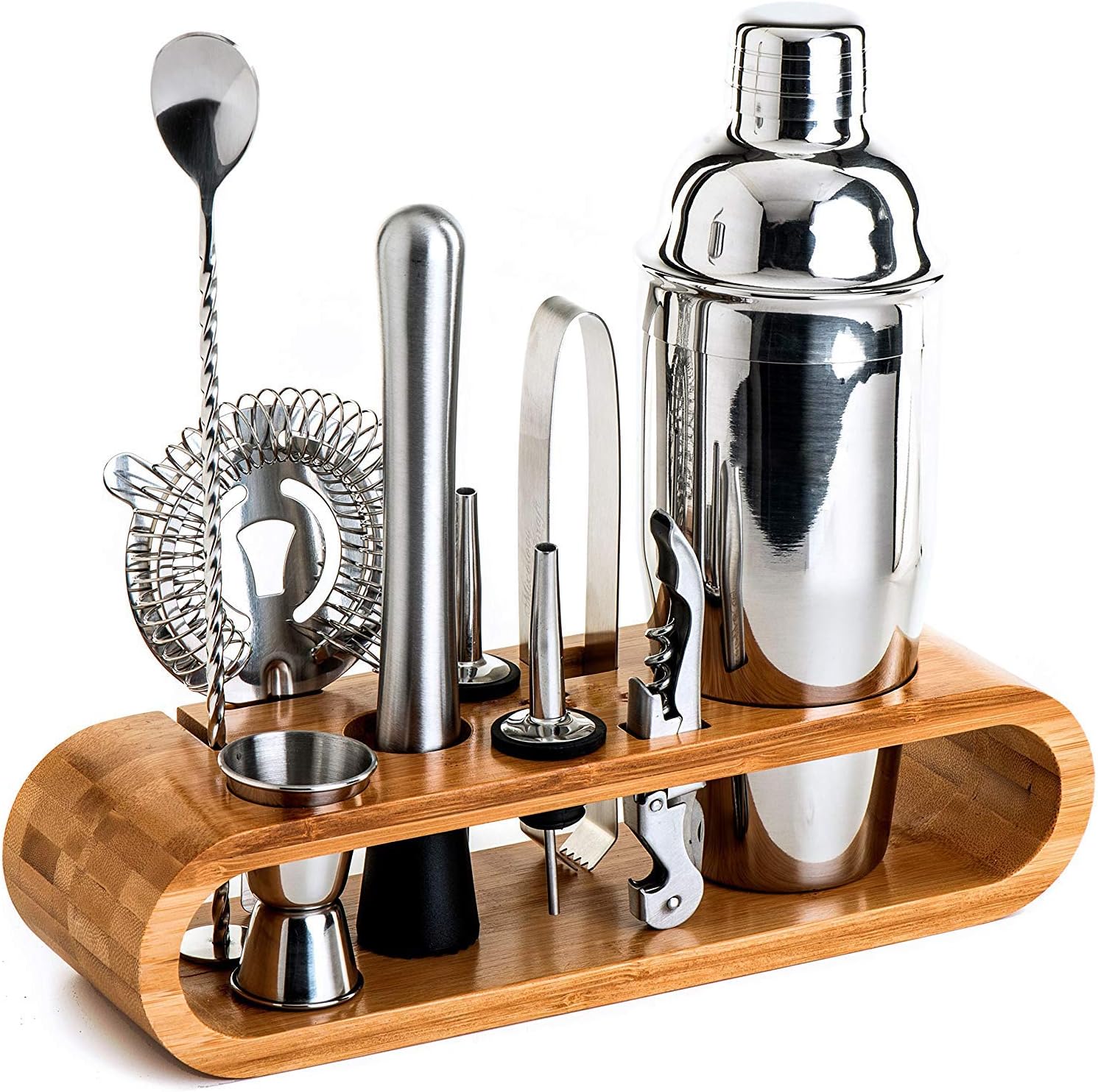 bartender kit: 11 piece bar tool set with stylish bamboo stand perfect home bartending kit and martini cocktail shaker for an awesome drink mixing experience exclusive recipes bonus, silver