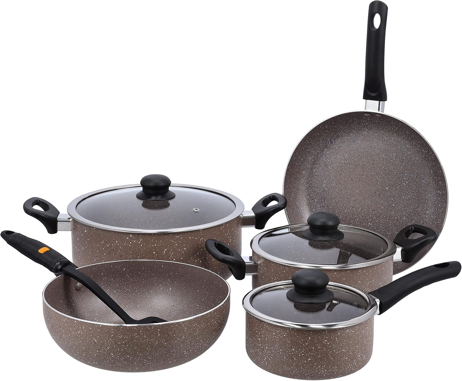 delcasa granite coated non stick smart cookware set 9pcs dc1577bge induction compatible 26cm casserole + lid 20cm casserole + lid, 26cm frypan, 24cm wok pan,16cm saucepan