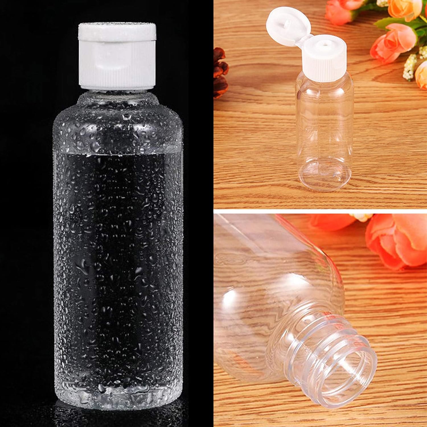 eoper 4 pack 100ml empty clear plastic squeeze bottles with disc top flip cap travel bottle bpa free containers for shampoo, lotions, liquid body soap, creams