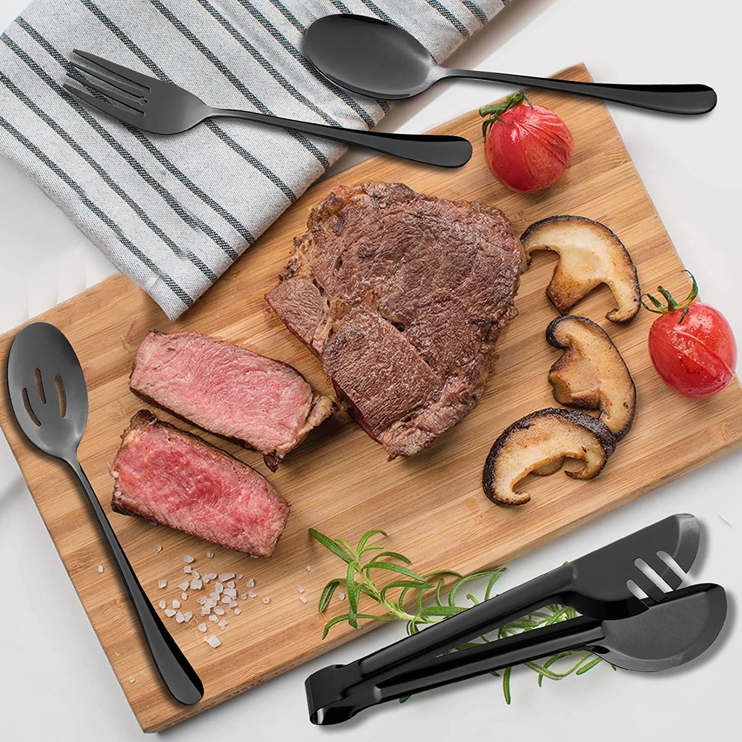 u hoome stainless steel serving utensils,10pcs large serving spoon set,slotted serving spoons,serving spoons,serving forks,serving tongs,buffet catering serving spoons fork tongs (black, 10)