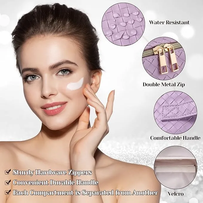 SFXULIX Large Capacity Travel Cosmetic Bag - Makeup Bag, PU Leather Waterproof Cosmetic Bag, Women Portable Travel Makeup Bag With Handle and Divider Flat Lay Makeup Organizer Bag