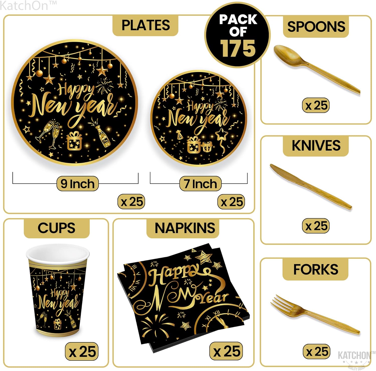 katchon, new years eve plates and napkins set serves 25 guest | happy new years tableware | new years plates and napkins and cups with happy new year tablecloth | new years eve party supplies 2025