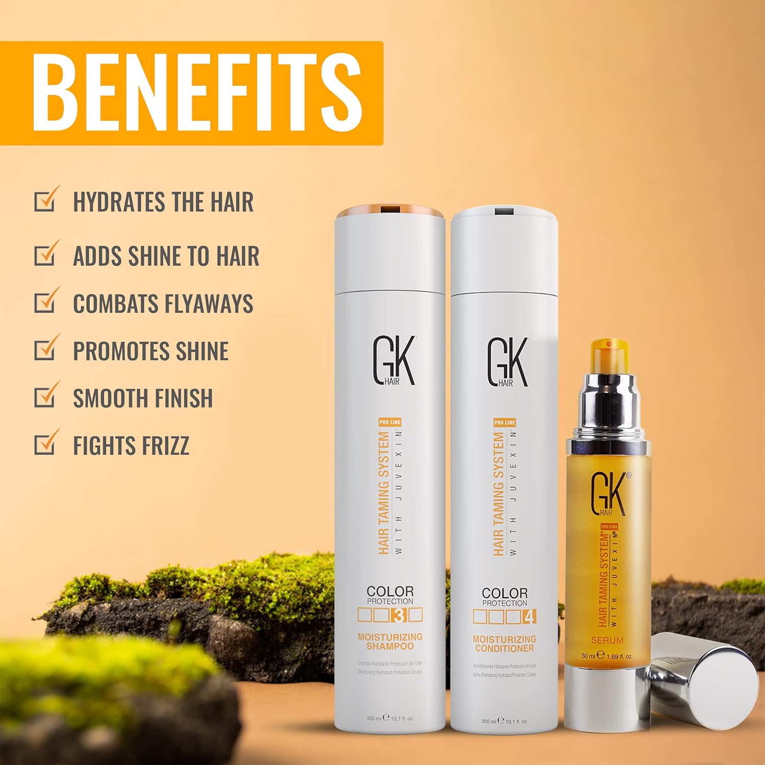 gk hair global keratin moisturizing shampoo and conditioner sets color protection 300ml with anti frizz hair serum 50ml intense moisture pack trio for dry damaged and color treated hair