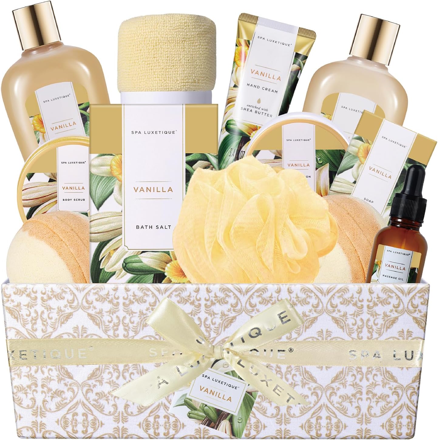 spa luxetique spa gift basket, bath sets for women, luxury 12 pcs bath gift box, relaxing at home bath set scented with vanilla includes bath salts, bath bombs, body scrub, best spa gift for women.