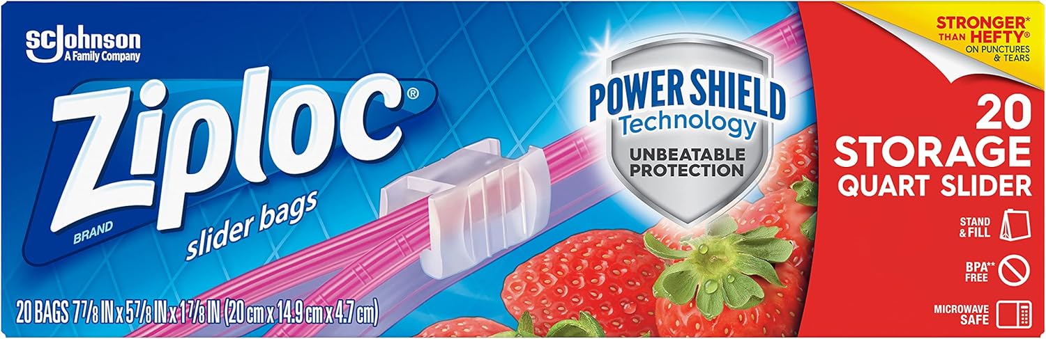 ziploc seal top storage quart 20 bags, power shield technology, microwave safe, grip'n seal technology