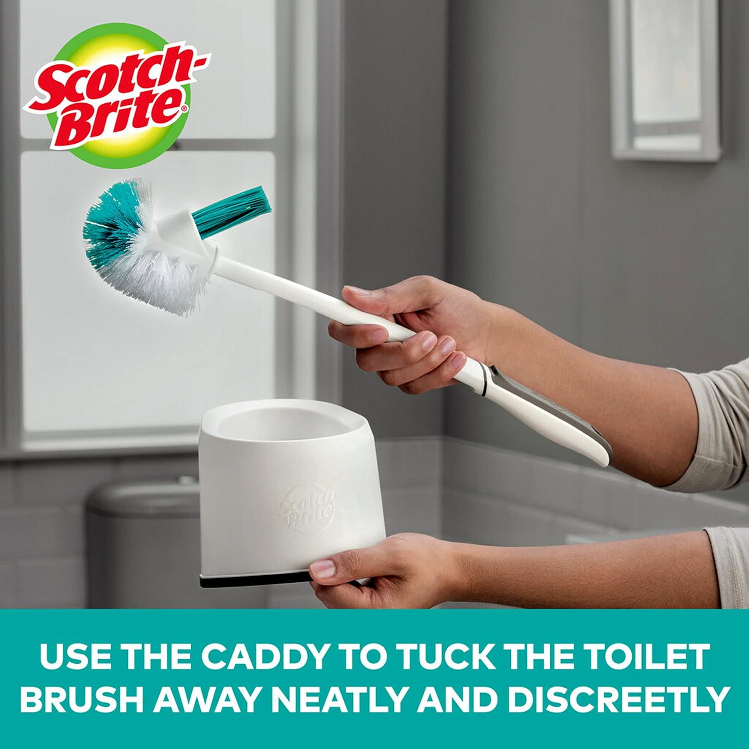 scotch brite holder set (with holder) toilet bowl & rim brush, 1 set/pack | cleaning brush with long handle | discreet washroom cleaner| compact round design | clears clogged toilets and drains