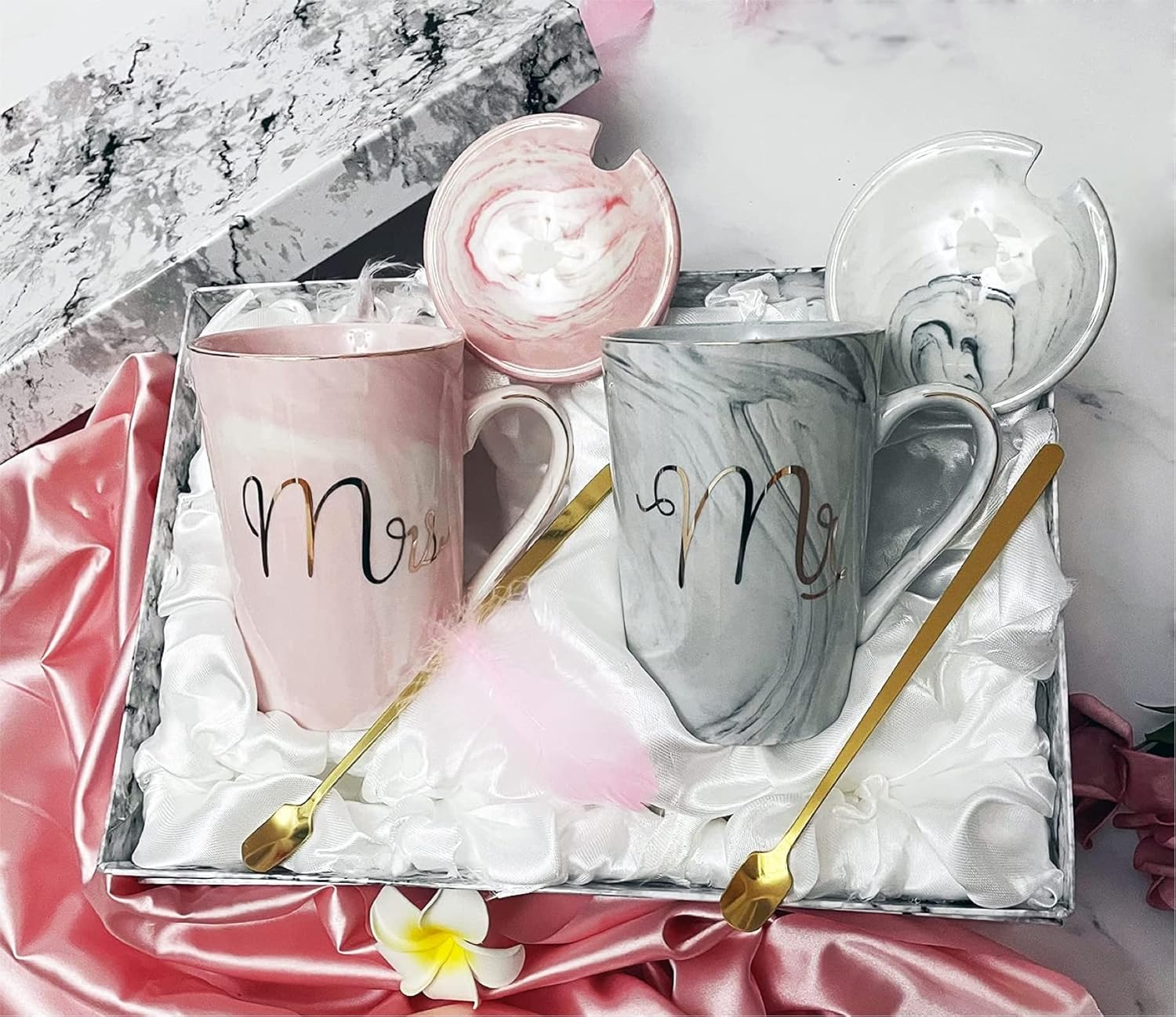 mr and mrs coffee mugs wedding gift for bride and groom, gift for bridal shower engagement wedding and married couples anniversary ceramic marble cups 14 oz