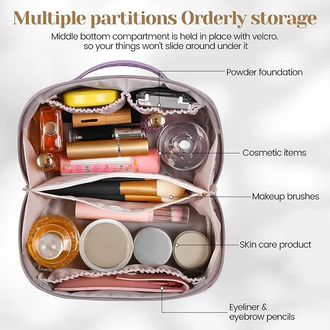 SFXULIX Large Capacity Travel Cosmetic Bag - Makeup Bag, PU Leather Waterproof Cosmetic Bag, Women Portable Travel Makeup Bag With Handle and Divider Flat Lay Makeup Organizer Bag