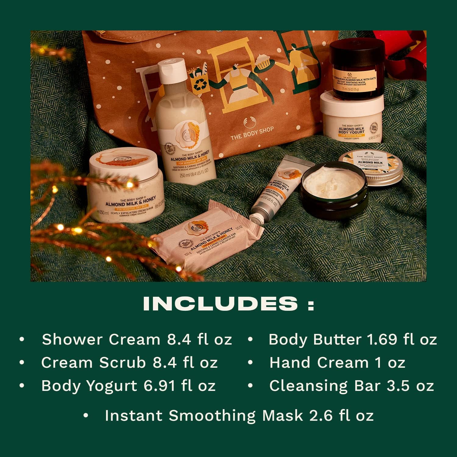 the body shop soothe and smooth almond milk & honey ultimate gift set, hydrating & moisturizing skincare, treats for dry & sensitive skin, 7 items